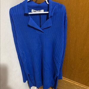 Zara Blue Ribbed Long Sleeve Dress with Notched Collar